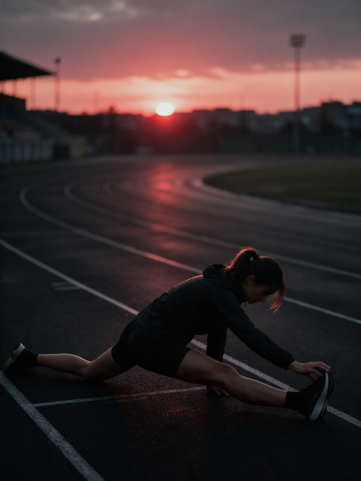 Corredora estirando al amanecer después de entrenar