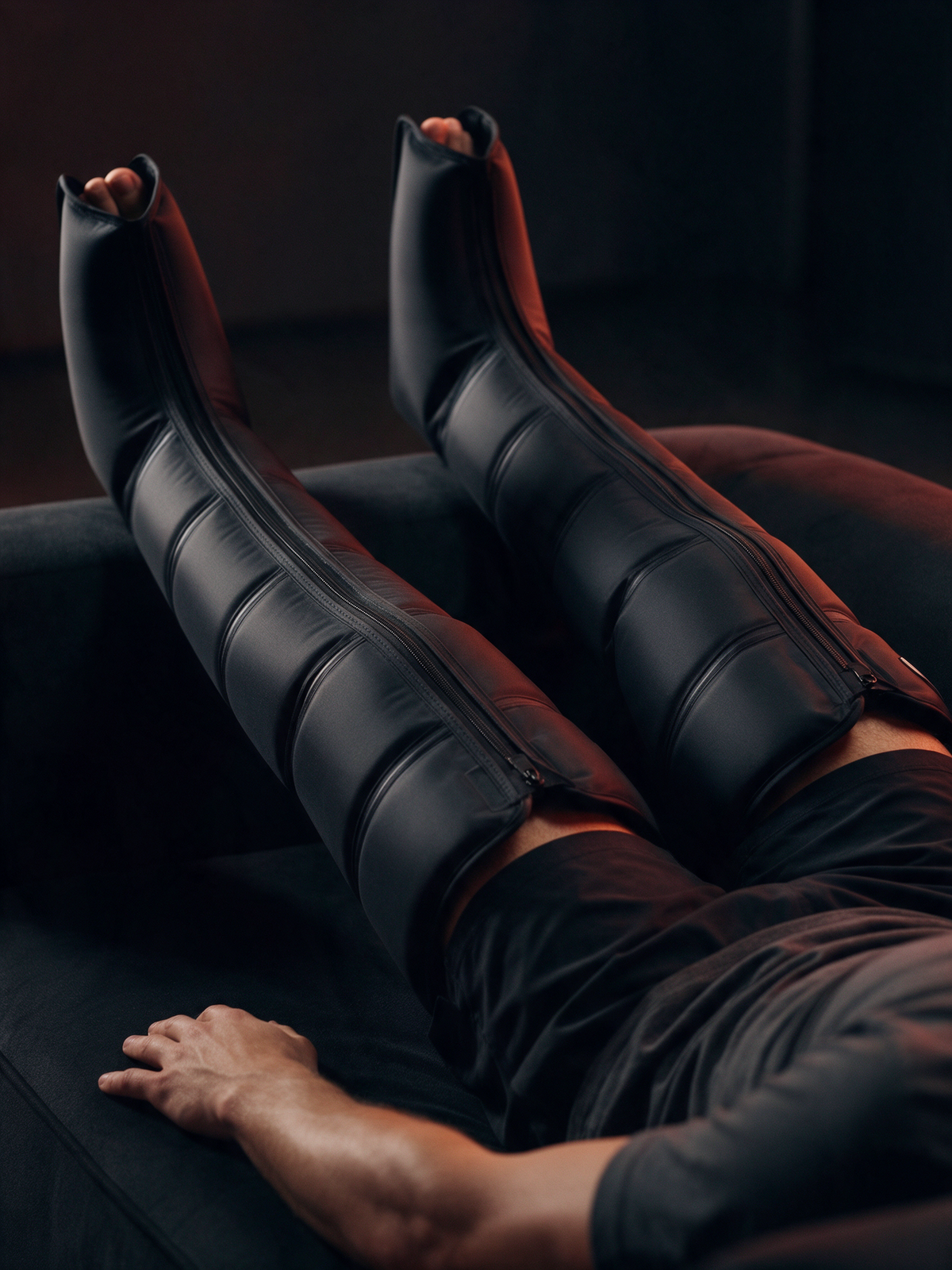 Deportista descansando con botas de presoterapia